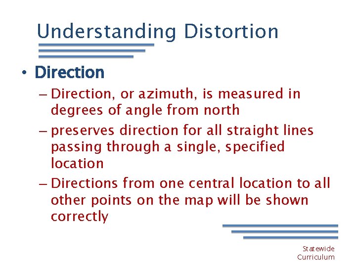 Understanding Distortion • Direction – Direction, or azimuth, is measured in degrees of angle