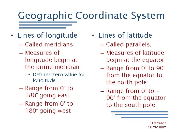 Geographic Coordinate System • Lines of longitude – Called meridians – Measures of longitude