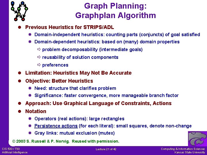 Graph Planning: Graphplan Algorithm l Previous Heuristics for STRIPS/ADL Domain-independent heuristics: counting parts (conjuncts)