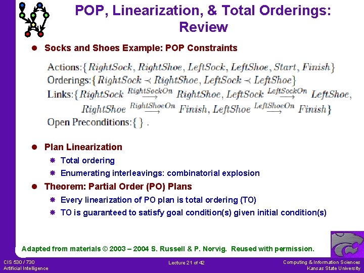 POP, Linearization, & Total Orderings: Review l Socks and Shoes Example: POP Constraints l