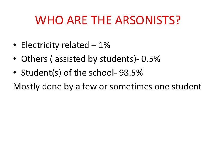WHO ARE THE ARSONISTS? • Electricity related – 1% • Others ( assisted by
