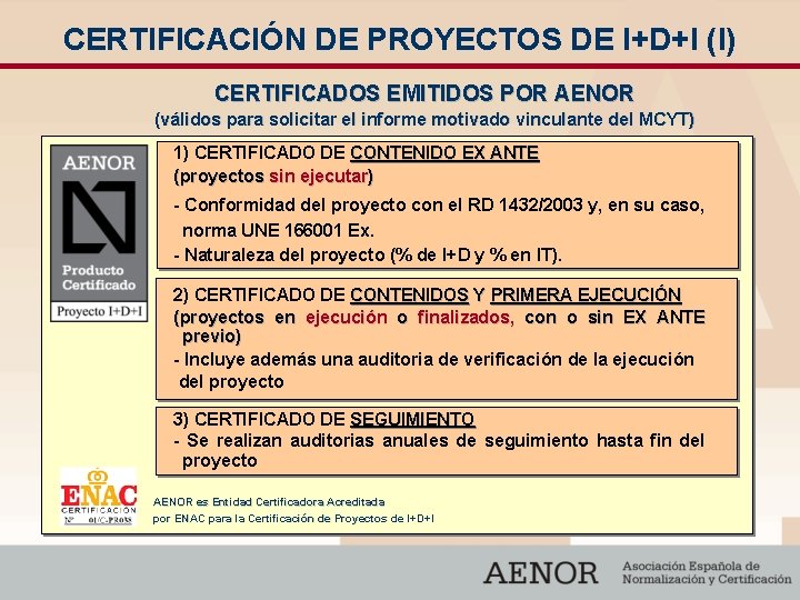 CERTIFICACIÓN DE PROYECTOS DE I+D+I (I) CERTIFICADOS EMITIDOS POR AENOR (válidos para solicitar el