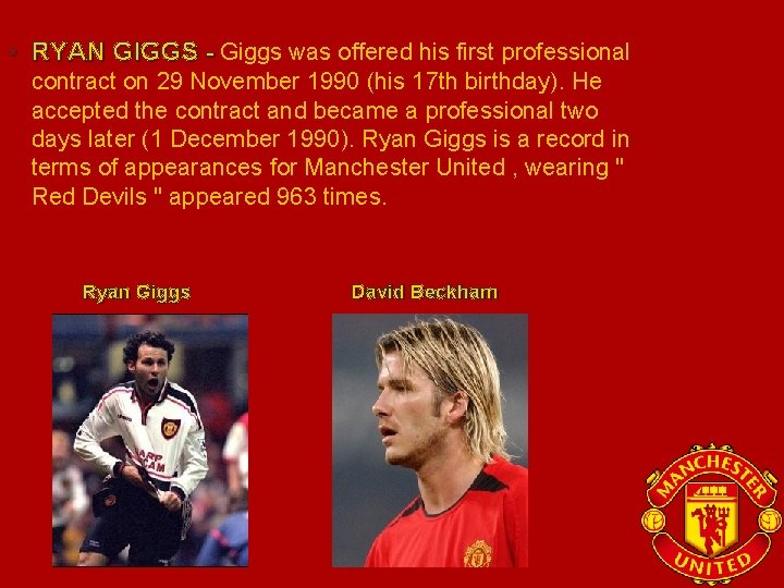  • RYAN GIGGS - Giggs was offered his first professional contract on 29