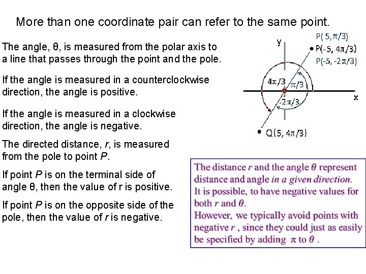 More than one coordinate pair can refer to the same point. The angle, θ,