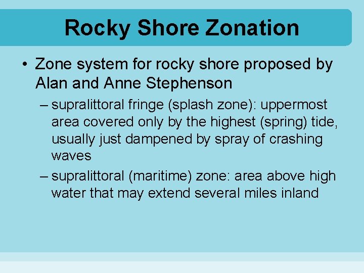 Rocky Shore Zonation • Zone system for rocky shore proposed by Alan and Anne
