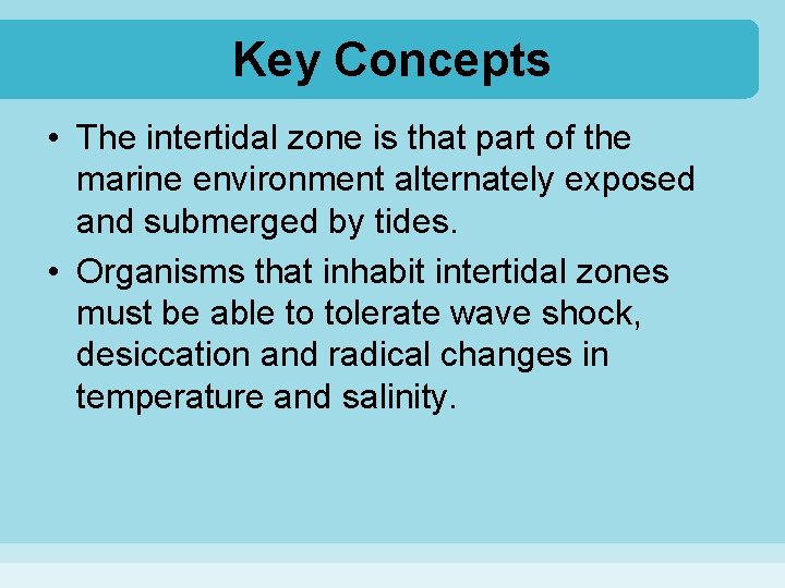 Key Concepts • The intertidal zone is that part of the marine environment alternately