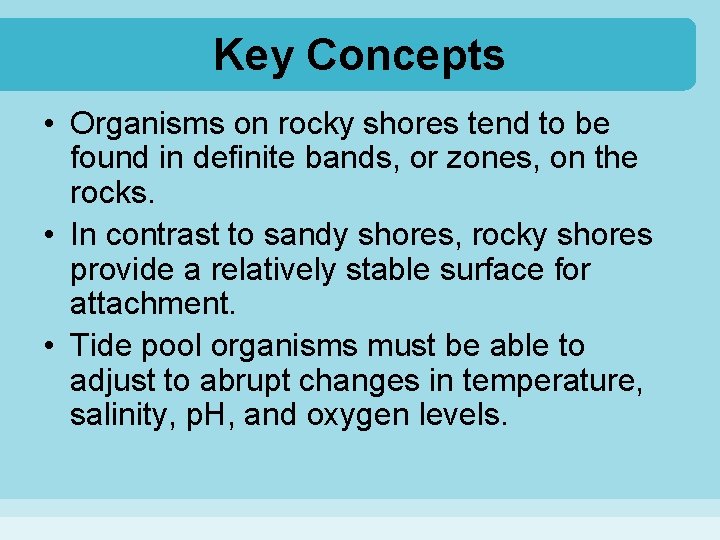 Key Concepts • Organisms on rocky shores tend to be found in definite bands,