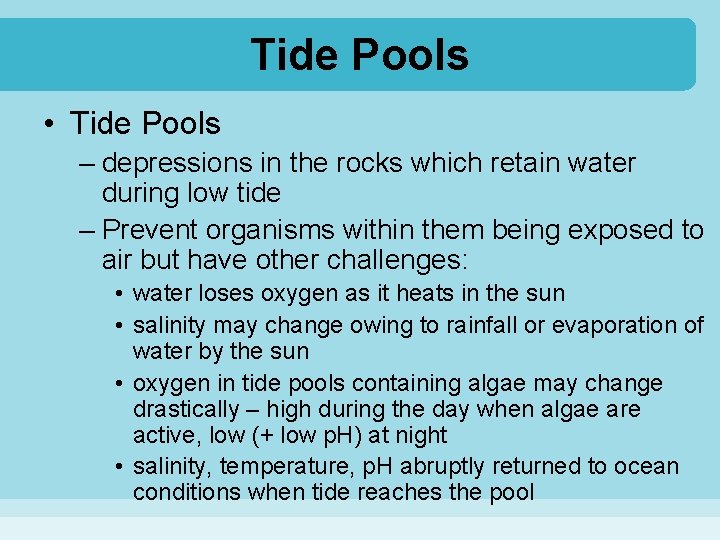 Tide Pools • Tide Pools – depressions in the rocks which retain water during