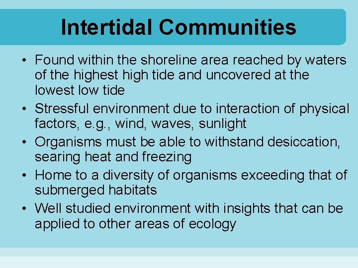 Intertidal Communities • Found within the shoreline area reached by waters of the highest