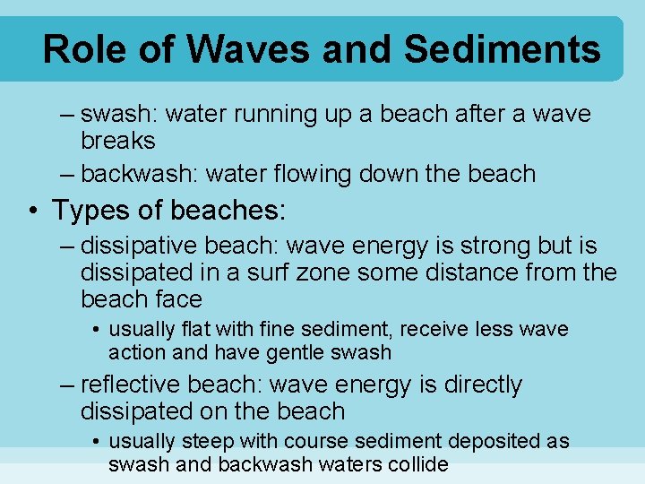 Role of Waves and Sediments – swash: water running up a beach after a