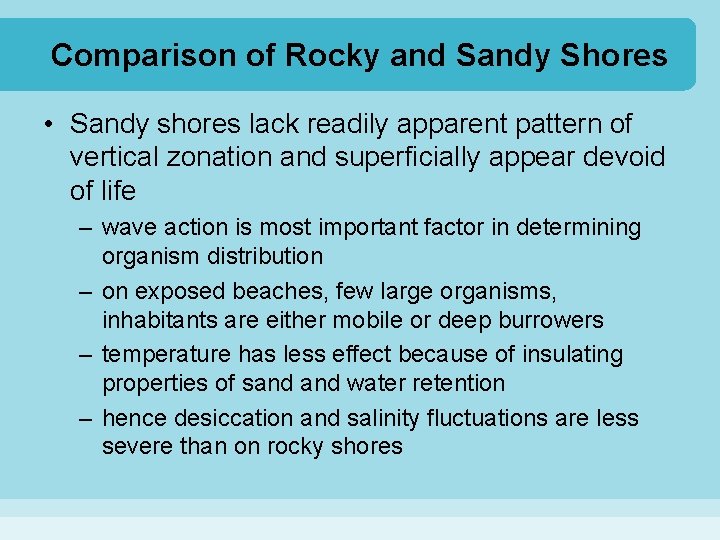 Comparison of Rocky and Sandy Shores • Sandy shores lack readily apparent pattern of