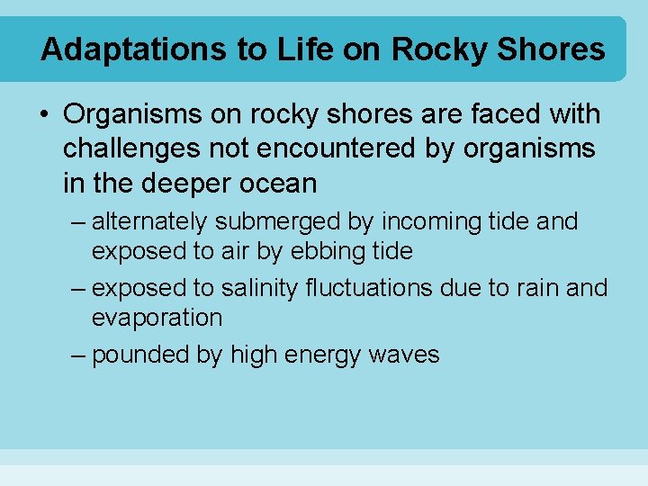 Adaptations to Life on Rocky Shores • Organisms on rocky shores are faced with
