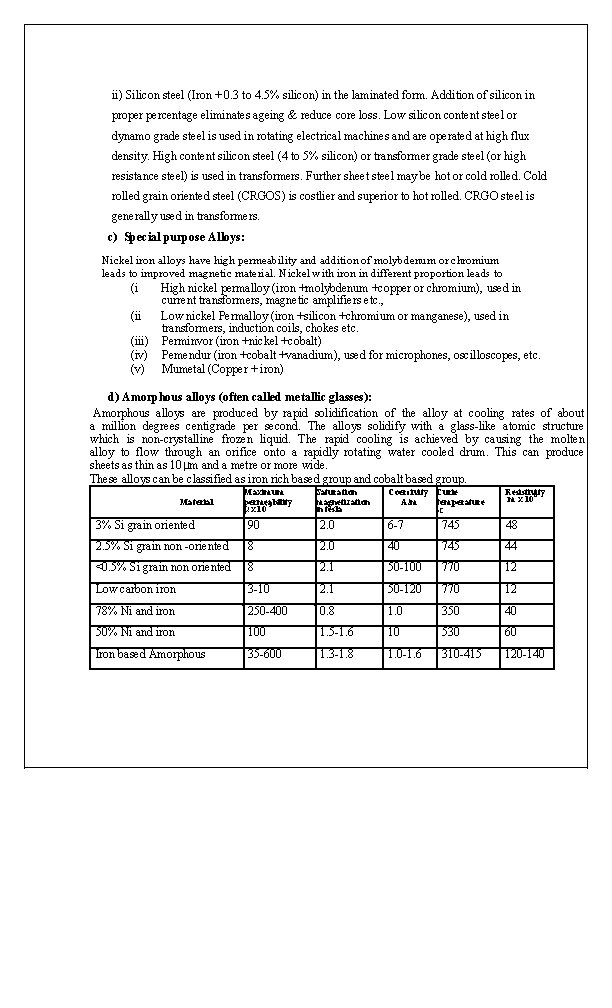 ii) Silicon steel (Iron + 0. 3 to 4. 5% silicon) in the laminated