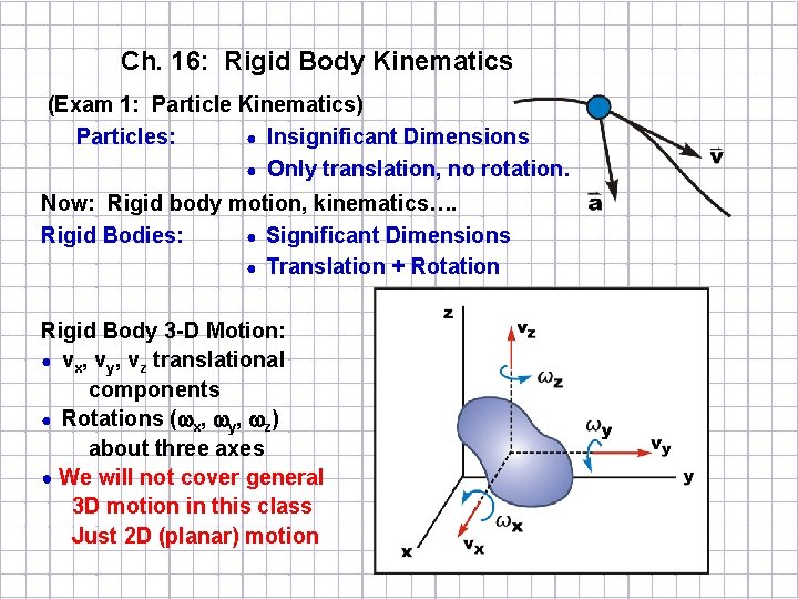 Ch. 16: Rigid Body Kinematics (Exam 1: Particle Kinematics) Particles: ● Insignificant Dimensions ●