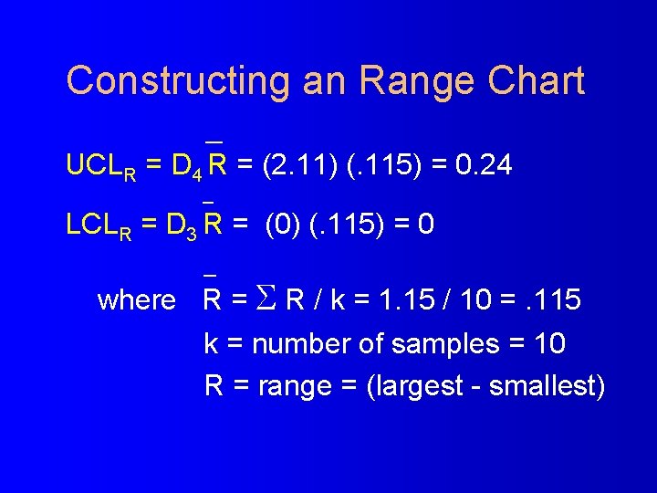 Constructing an Range Chart UCLR = D 4 R = (2. 11) (. 115)