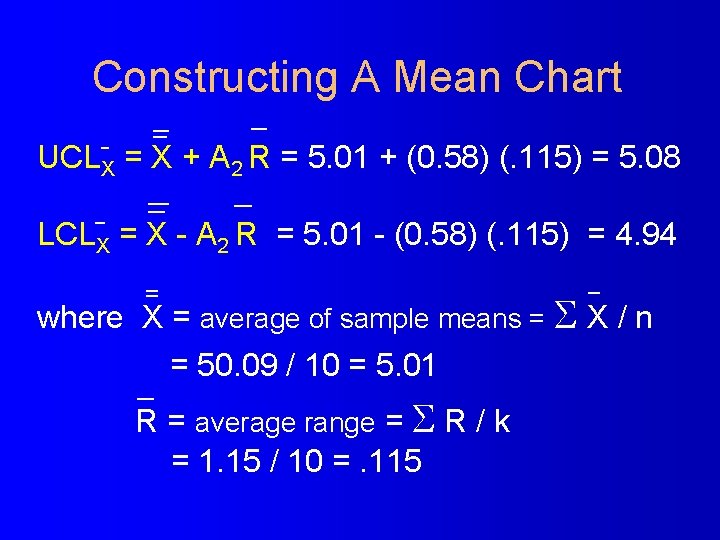 Constructing A Mean Chart UCLX = X + A 2 R = 5. 01