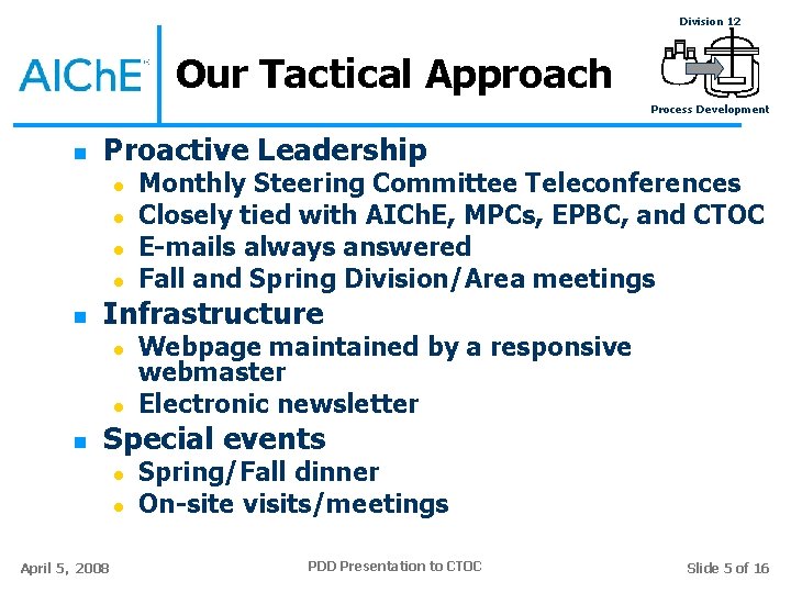 Division 12 Our Tactical Approach Process Development n Proactive Leadership l l n Infrastructure