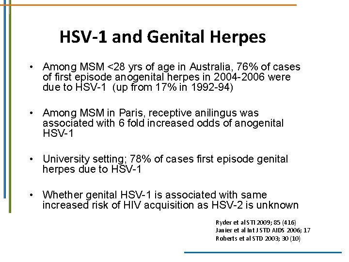 HSV-1 and Genital Herpes • Among MSM <28 yrs of age in Australia, 76% HSV-1 and Genital Herpes • Among MSM <28 yrs of age in Australia, 76%