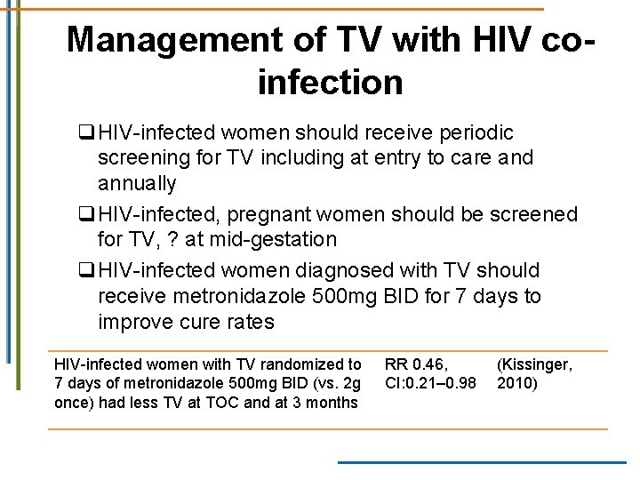 Management of TV with HIV coinfection q. HIV-infected women should receive periodic screening for Management of TV with HIV coinfection q. HIV-infected women should receive periodic screening for