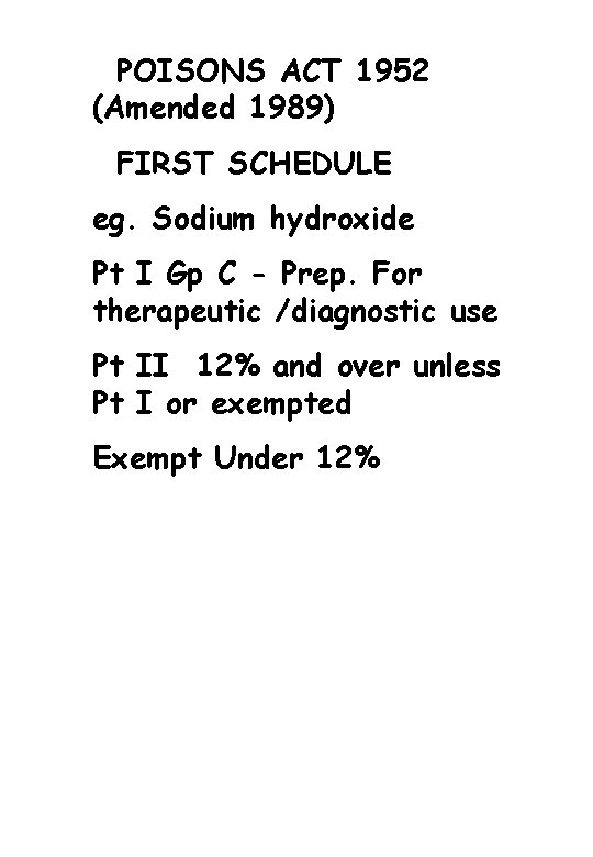 POISONS ACT 1952 (Amended 1989) FIRST SCHEDULE eg. Sodium hydroxide Pt I Gp C