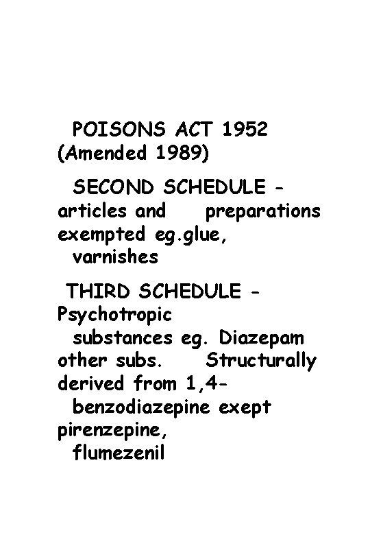 POISONS ACT 1952 (Amended 1989) SECOND SCHEDULE articles and preparations exempted eg. glue, varnishes