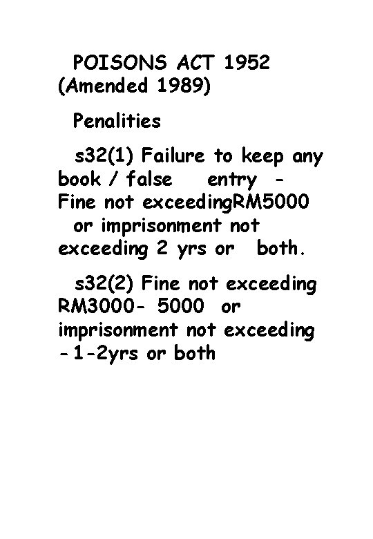 POISONS ACT 1952 (Amended 1989) Penalities s 32(1) Failure to keep any book /