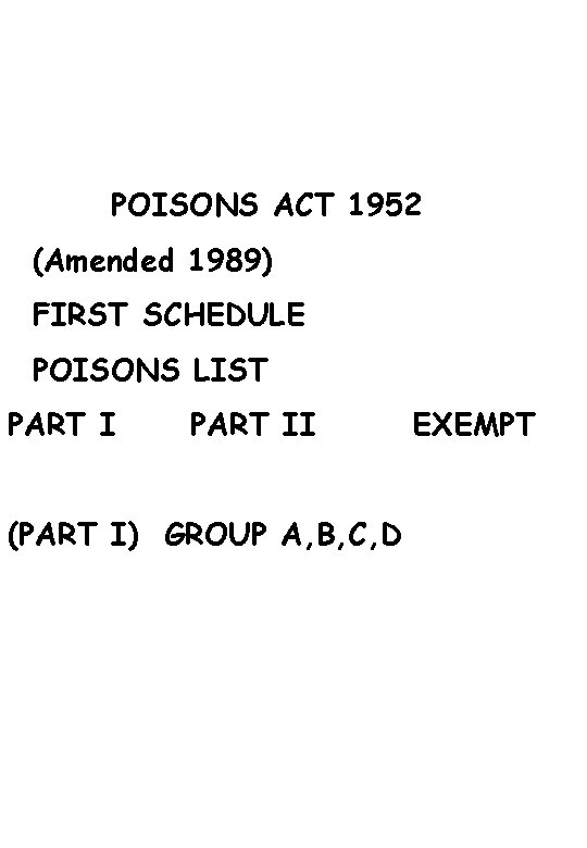 POISONS ACT 1952 (Amended 1989) FIRST SCHEDULE POISONS LIST PART II EXEMPT (PART I)