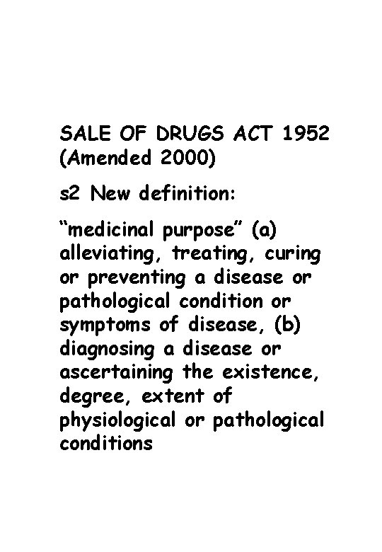 SALE OF DRUGS ACT 1952 (Amended 2000) s 2 New definition: “medicinal purpose” (a)