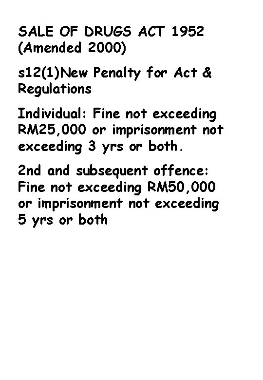 SALE OF DRUGS ACT 1952 (Amended 2000) s 12(1)New Penalty for Act & Regulations