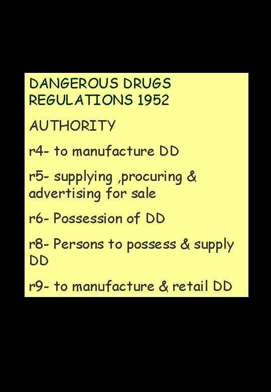 DANGEROUS DRUGS REGULATIONS 1952 AUTHORITY r 4 - to manufacture DD r 5 -