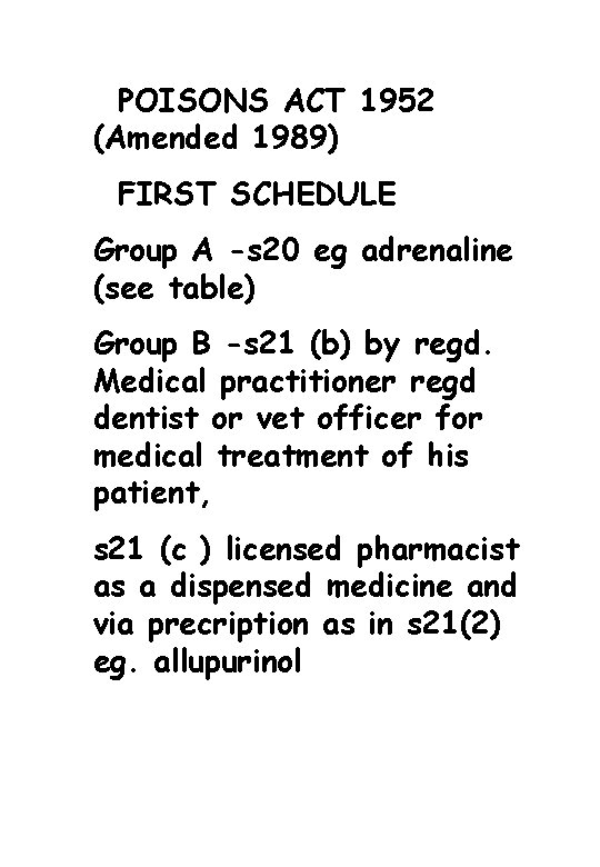 POISONS ACT 1952 (Amended 1989) FIRST SCHEDULE Group A -s 20 eg adrenaline (see
