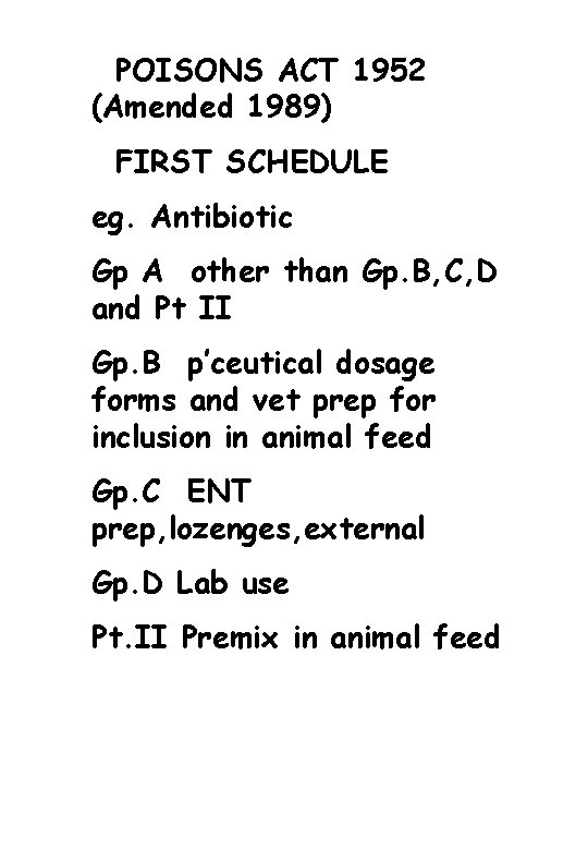 POISONS ACT 1952 (Amended 1989) FIRST SCHEDULE eg. Antibiotic Gp A other than Gp.