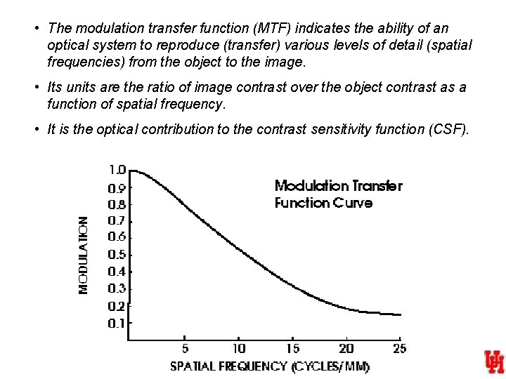  • The modulation transfer function (MTF) indicates the ability of an optical system
