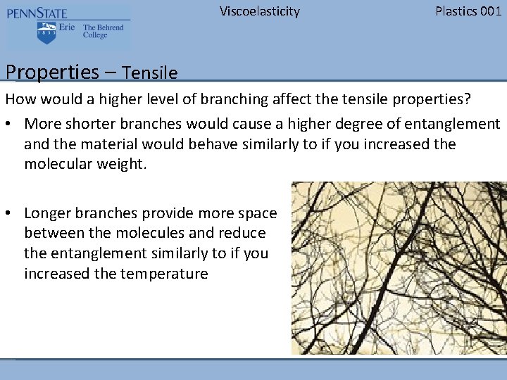 Viscoelasticity Plastics 001 Properties – Tensile How would a higher level of branching affect