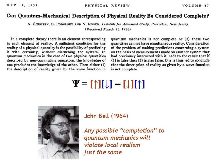 Ψ = [↑][↓] - [↓][↑] John Bell (1964) Any possible “completion” to quantum mechanics