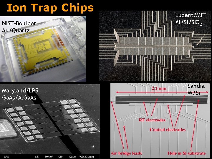 Ion Trap Chips NIST-Boulder Au/Quartz Maryland/LPS Ga. As/Al. Ga. As Lucent/MIT Al/Si/Si. O 2