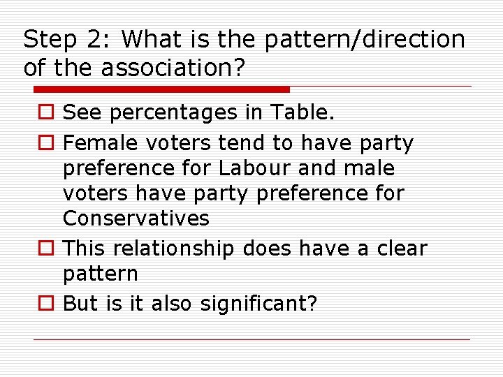 Step 2: What is the pattern/direction of the association? o See percentages in Table.