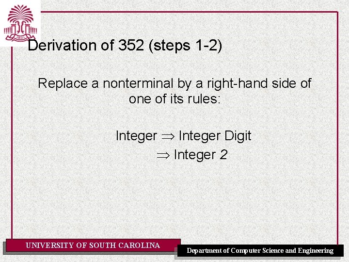 Derivation of 352 (steps 1 -2) Replace a nonterminal by a right-hand side of