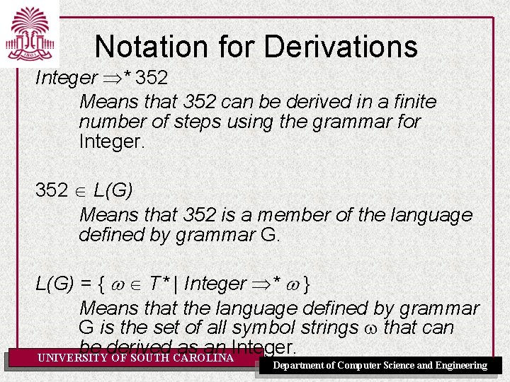 Notation for Derivations Integer * 352 Means that 352 can be derived in a