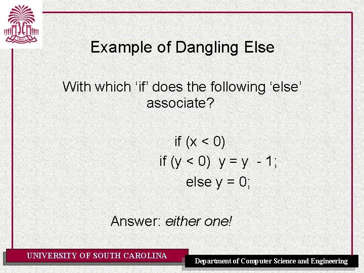 Example of Dangling Else With which ‘if’ does the following ‘else’ associate? if (x