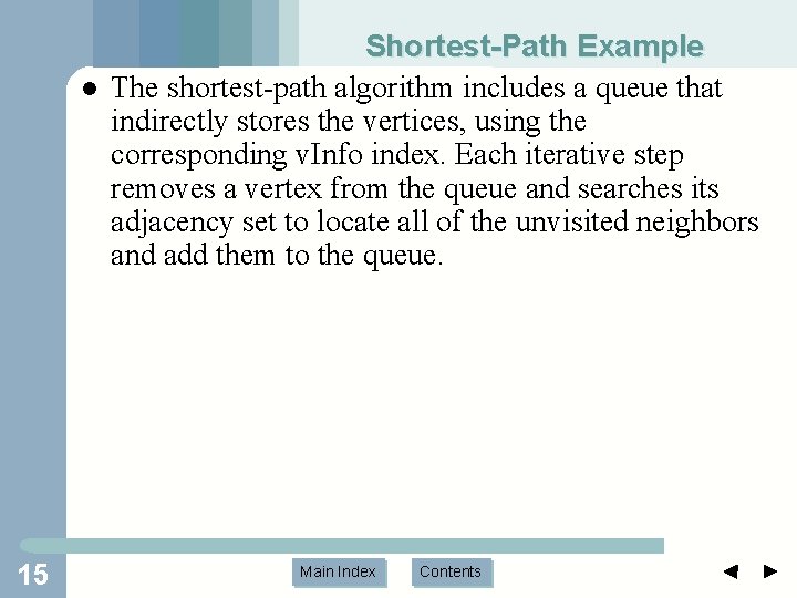 l 15 Shortest-Path Example The shortest-path algorithm includes a queue that indirectly stores the