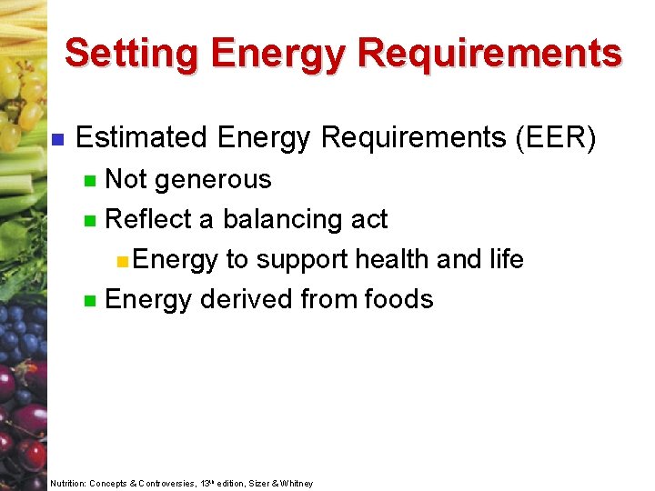 Setting Energy Requirements n Estimated Energy Requirements (EER) Not generous n Reflect a balancing