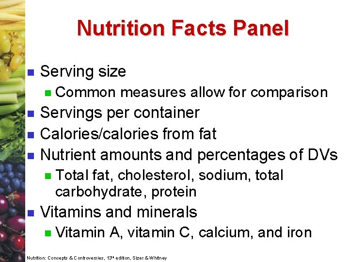 Nutrition Facts Panel n Serving size n n Servings per container Calories/calories from fat