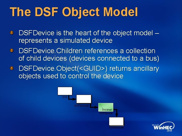 The DSF Object Model DSFDevice is the heart of the object model – represents