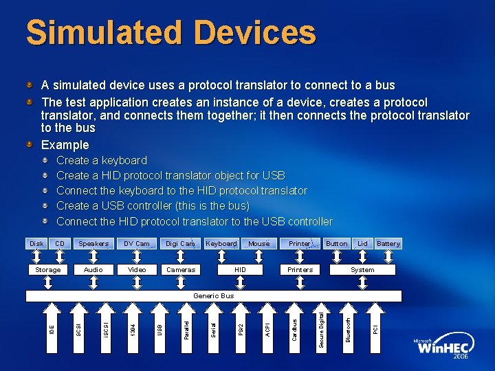 Simulated Devices A simulated device uses a protocol translator to connect to a bus