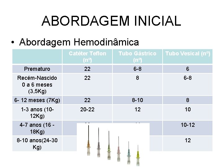 ABORDAGEM INICIAL • Abordagem Hemodinâmica Catéter Teflon (nº) Tubo Gástrico (nº) Tubo Vesical (nº)