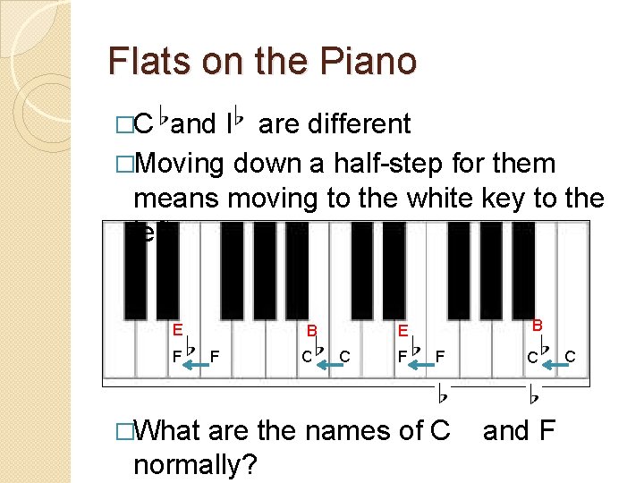 Flats on the Piano �C and F are different �Moving down a half-step for