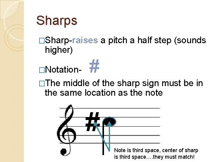 Sharps �Sharp-raises higher) �Notation- a pitch a half step (sounds # �The middle of