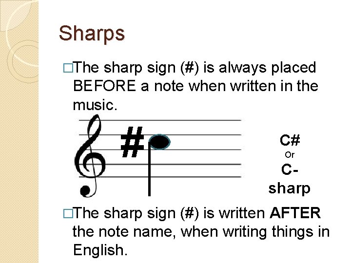 Sharps �The sharp sign (#) is always placed BEFORE a note when written in