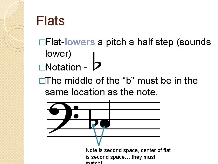 Flats �Flat-lowers a pitch a half step (sounds lower) �Notation �The middle of the